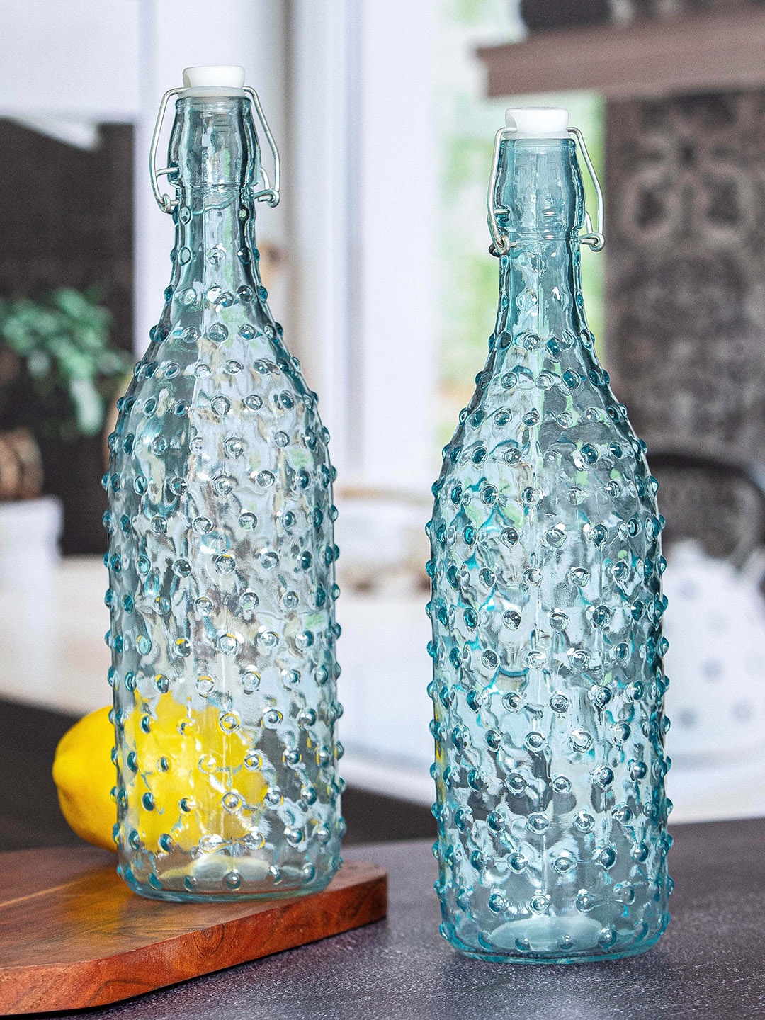 

White Gold Blue Set Of 4 Glass Water Bottles 1.0 Ltrs