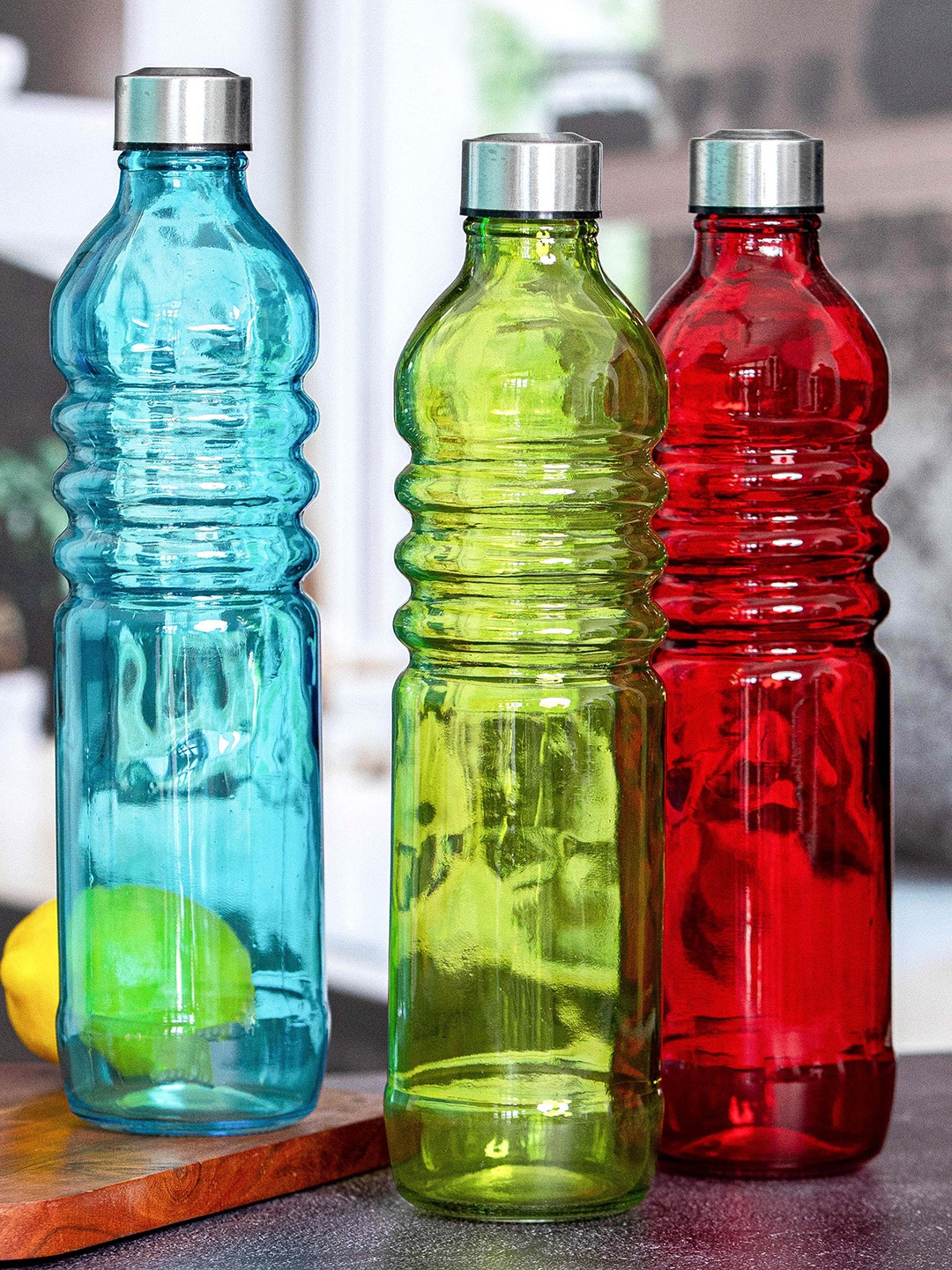 

White Gold Set Of 3 Glass Water Bottles 1.25 ltrs, Blue