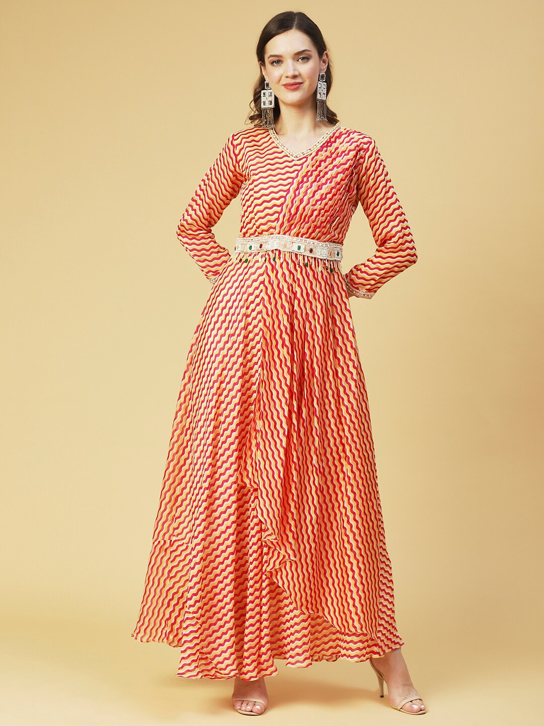 

FASHOR Ethnic Motifs Layered Maxi Silk Dress, Red