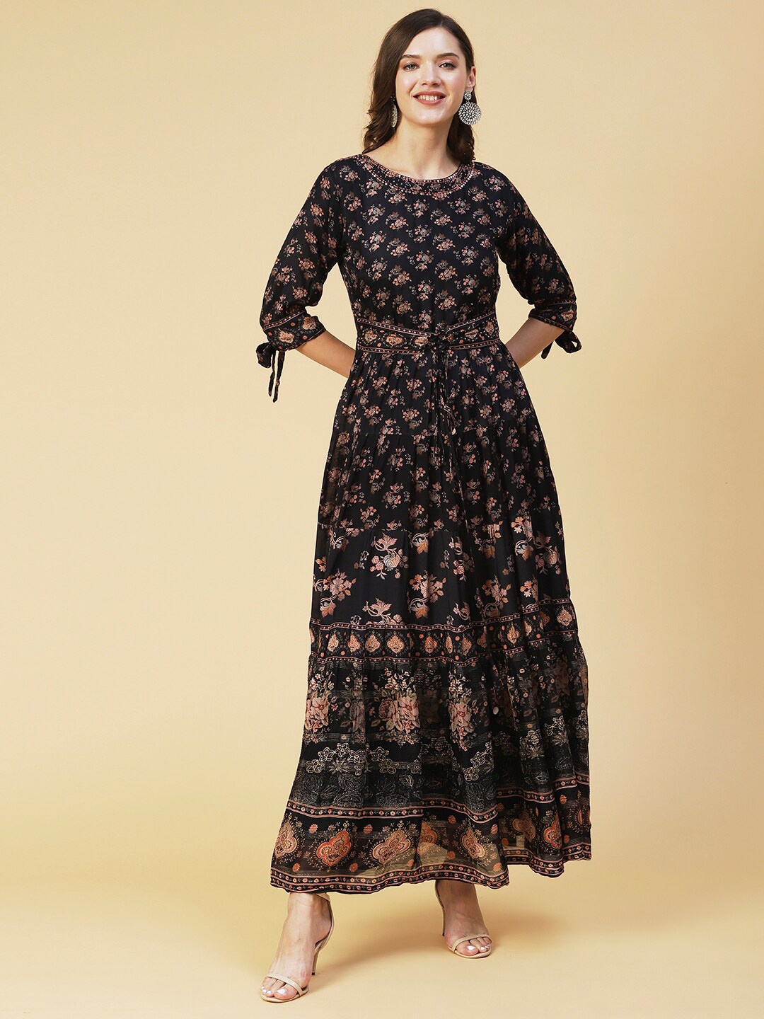 

FASHOR Black Ethnic Motifs Maxi Silk Ethnic Dress