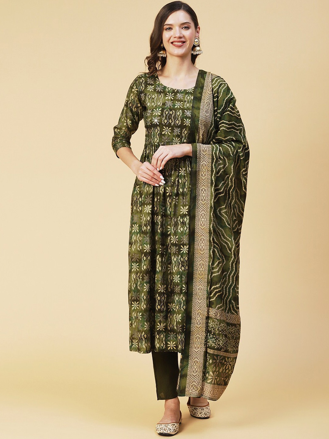 

FASHOR Women Olive Green Ethnic Motifs Printed Pleated Kurta With Trousers & With Dupatta