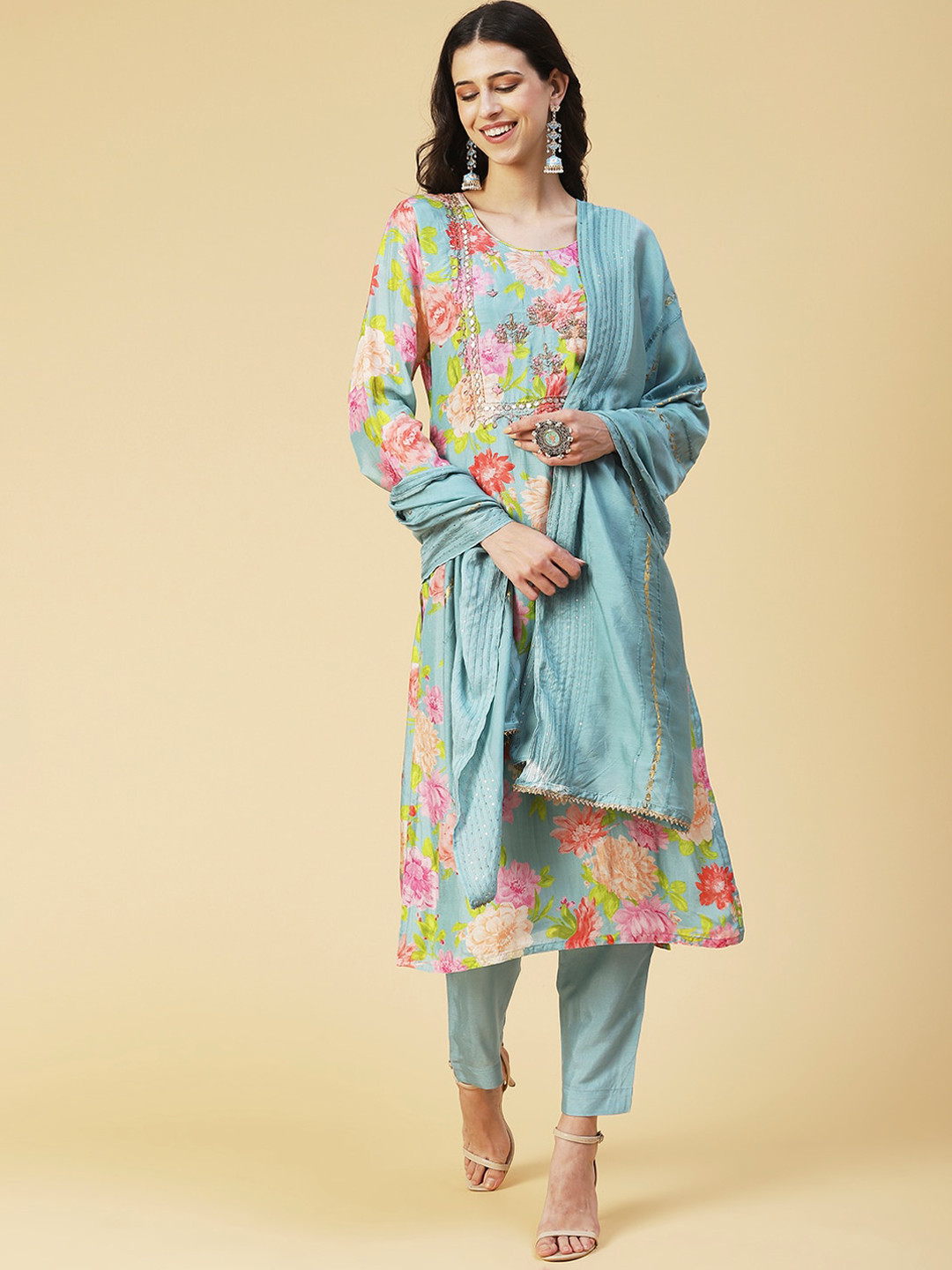 

FASHOR Floral Printed Mirror Work Kurta with Trousers & With Dupatta, Turquoise blue