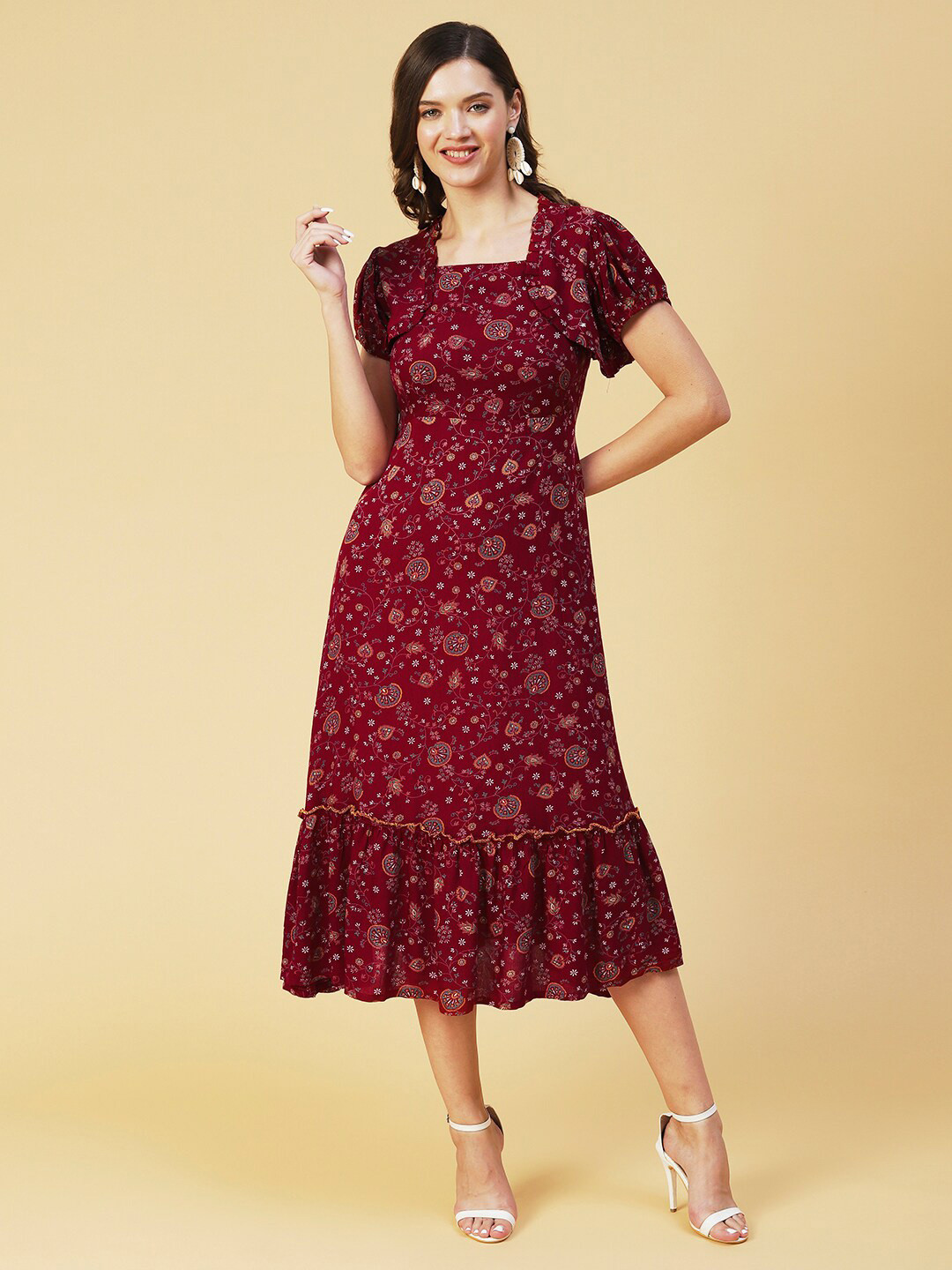 

FASHOR Floral A-Line Midi Dress, Maroon
