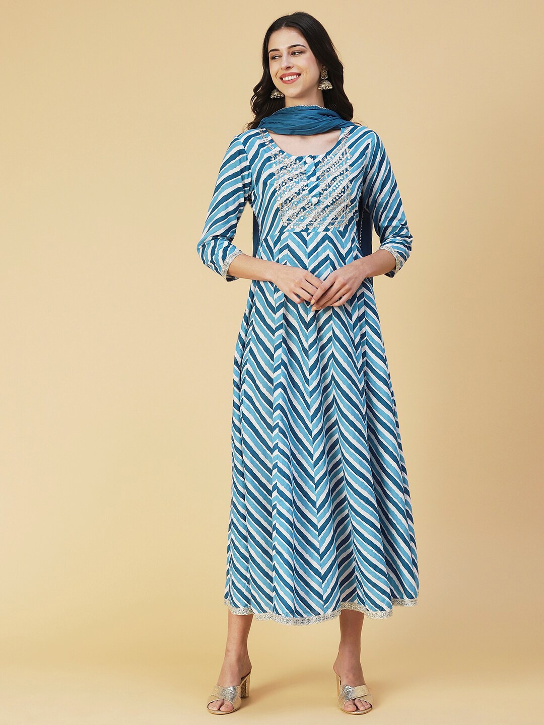 

FASHOR Chevron Print Anarkhali Cotton Ethnic Dress With Dupatta, White