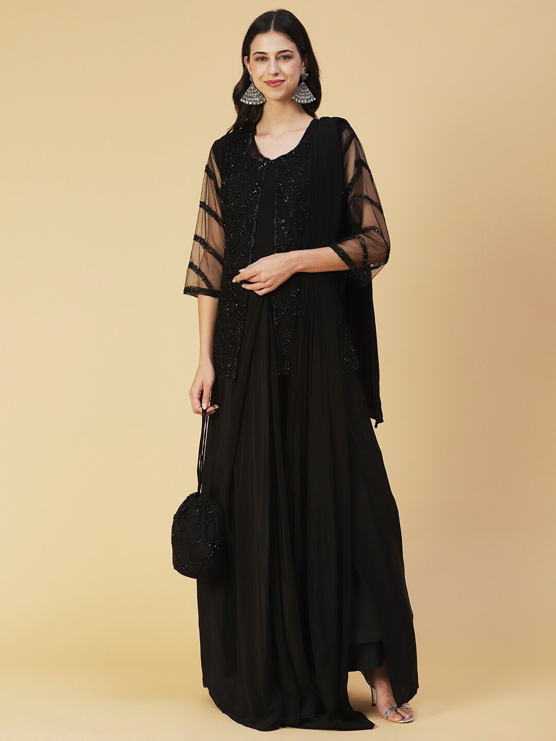 

FASHOR Layered Maxi Silk Ethnic Dress, Black
