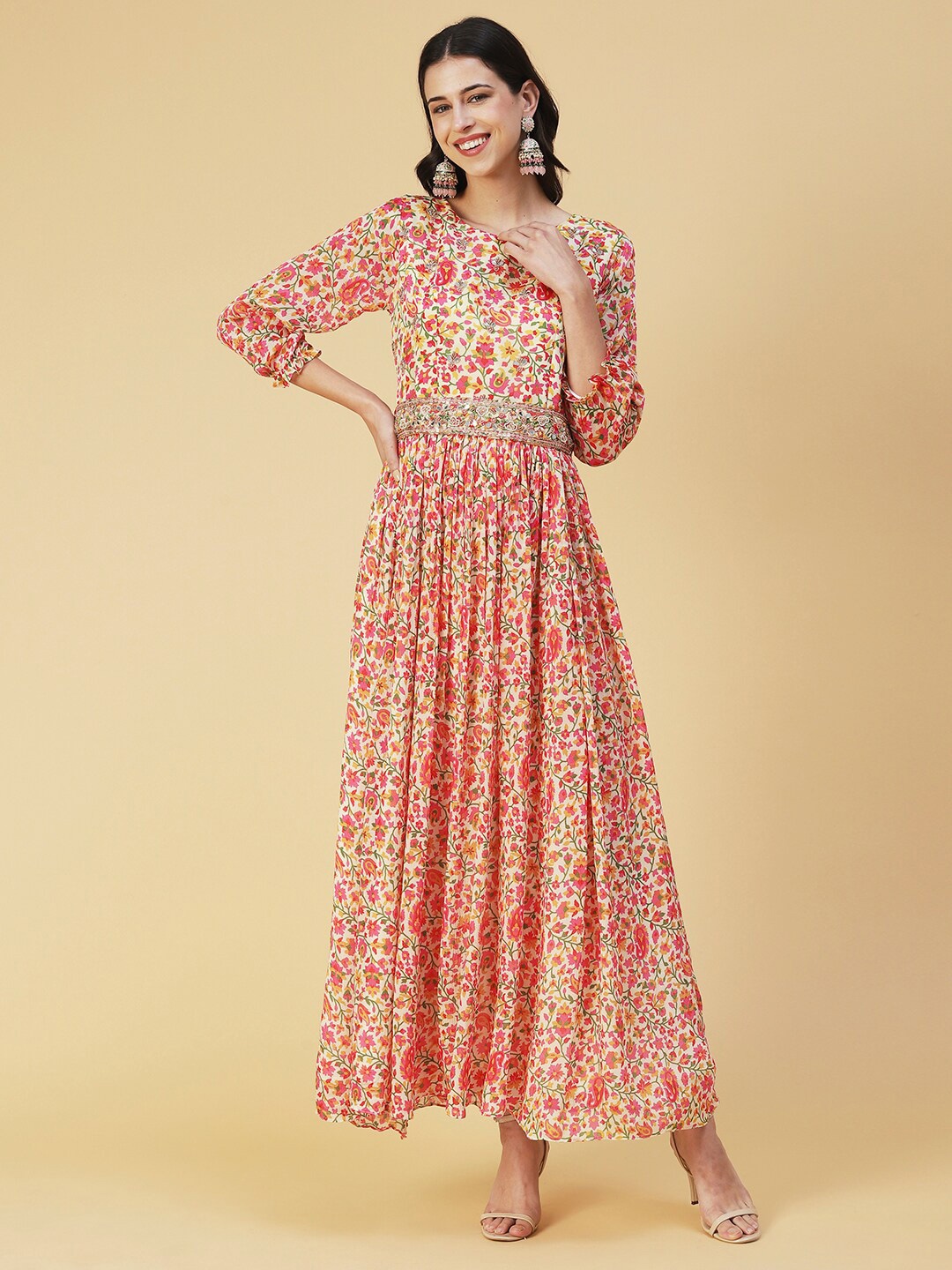

FASHOR Floral Maxi Silk Ethnic Dress, Pink