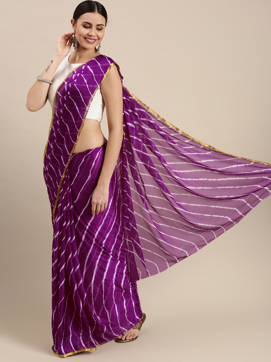 

Pavechas Purple & Gold-Toned Leheriya Zari Leheriya Saree