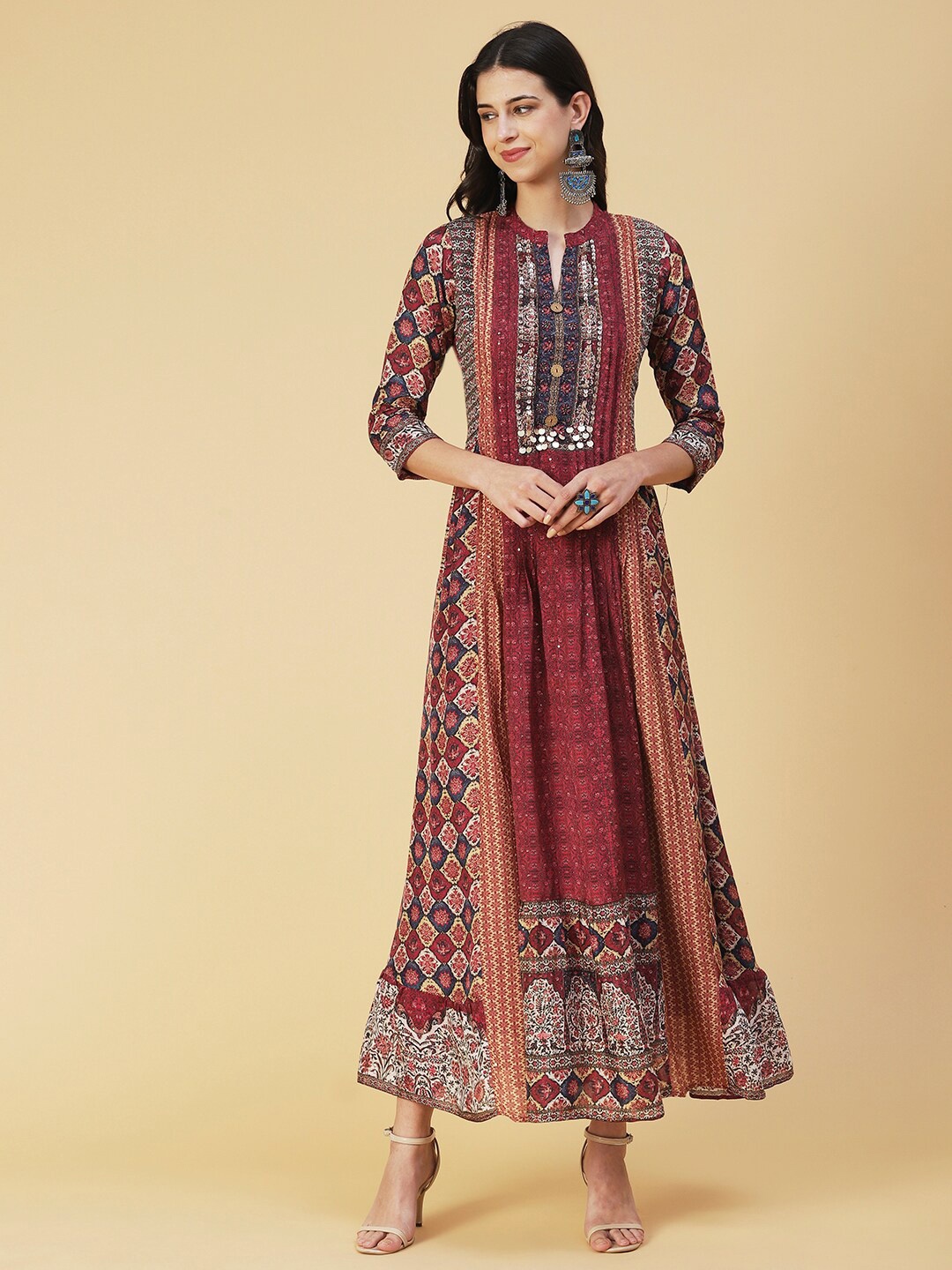 

FASHOR Ethnic Motifs Maxi Silk Ethnic Dress, Maroon