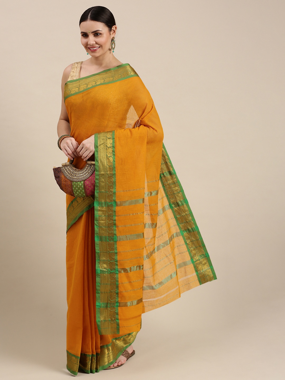 

Pavechas Yellow & Green Zari Pure Cotton Venkatgiri Saree
