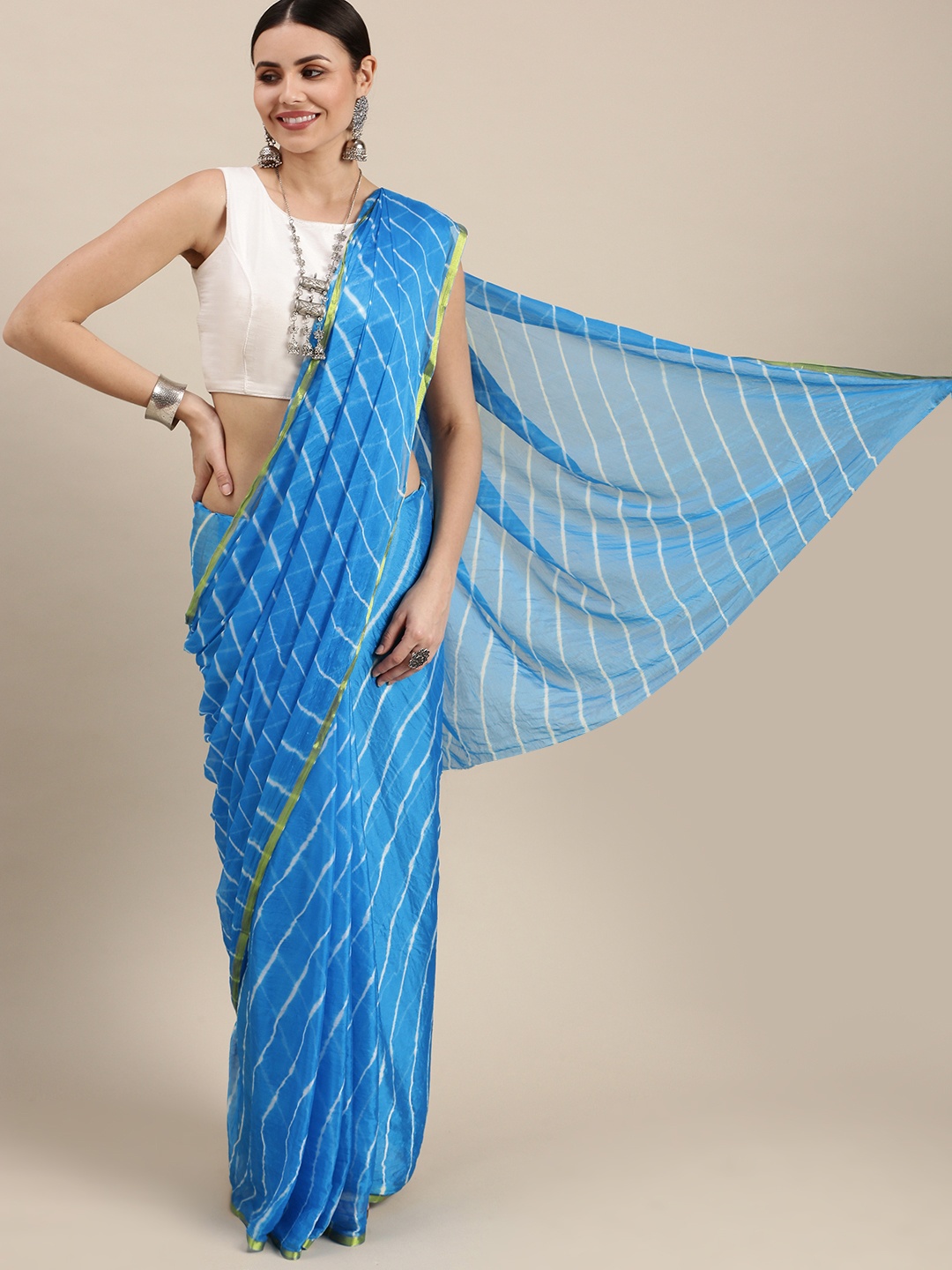 

Pavechas Blue & Gold-Toned Leheriya Zari Leheriya Saree