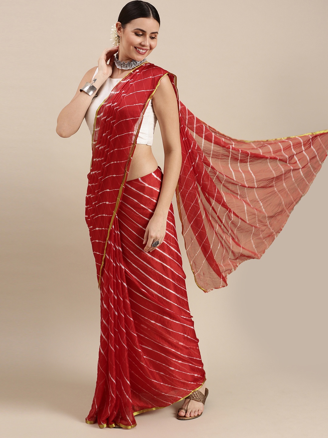 

Pavechas Red & Gold-Toned Leheriya Zari Leheriya Saree