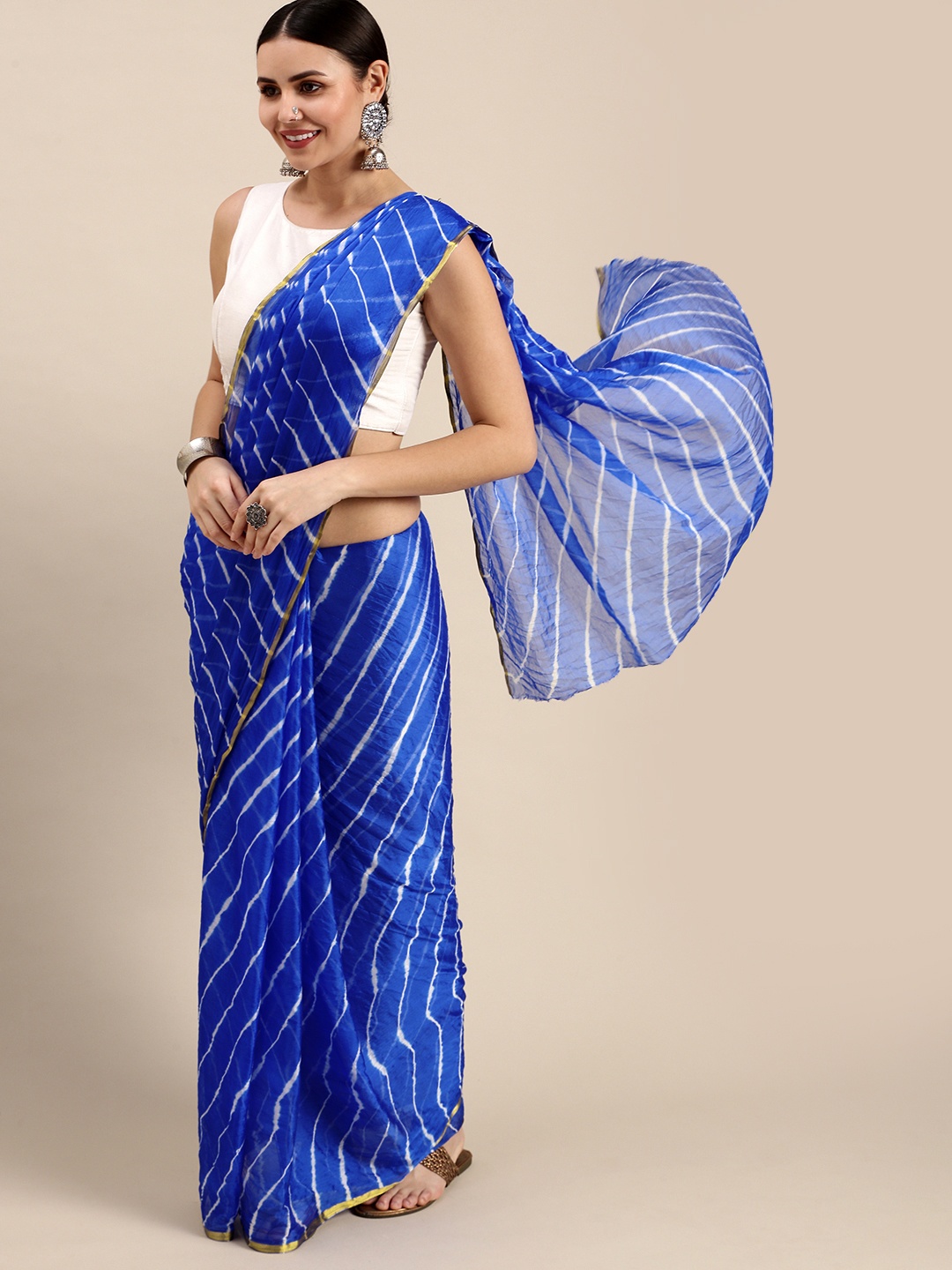 

Pavechas Blue & White Leheriya Zari Leheriya Saree