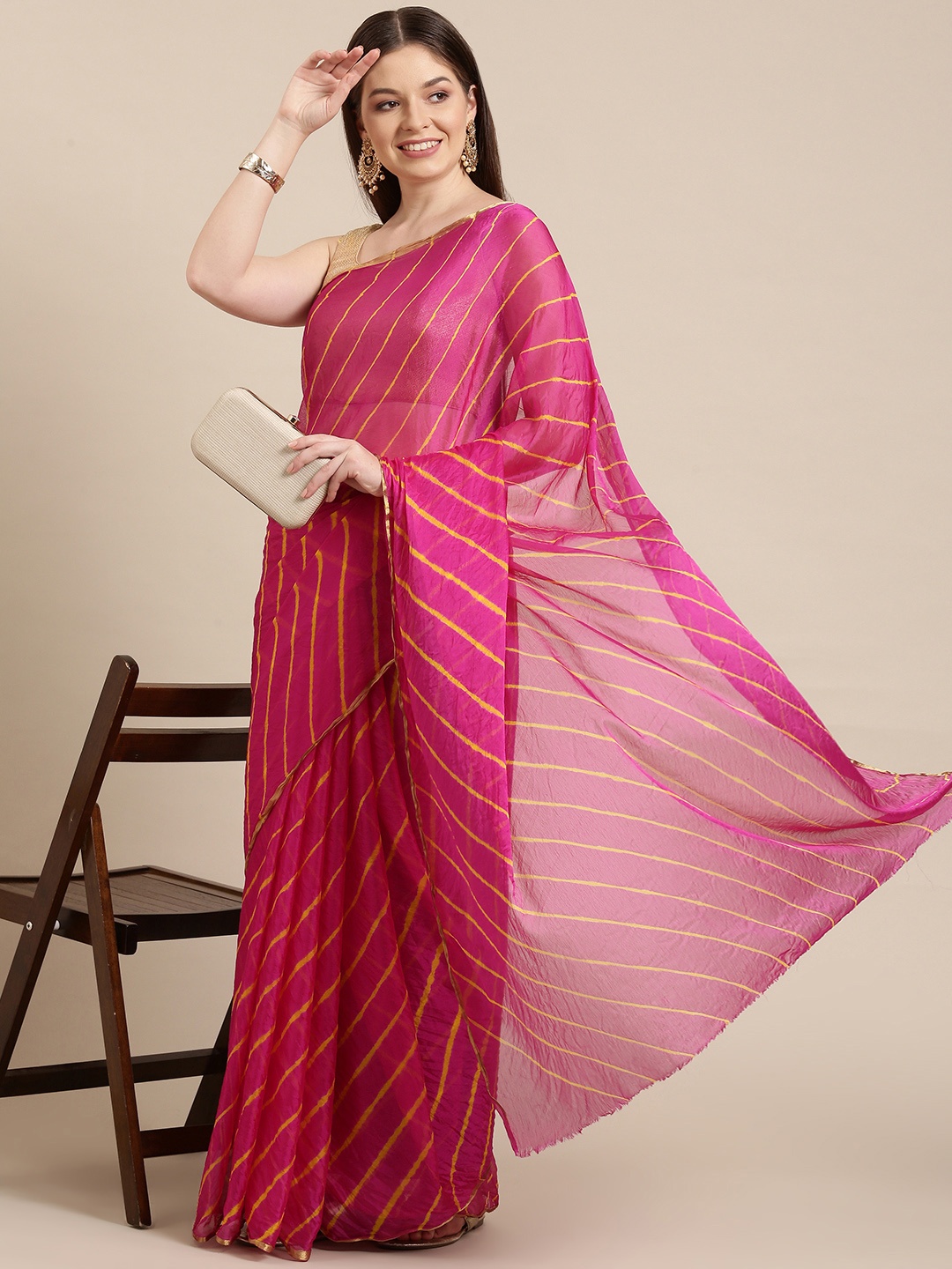 

Pavechas Pink & Gold-Toned Zari Art Silk Leheriya Saree