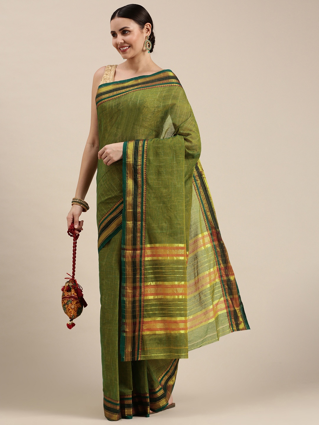 

Pavechas Green & Teal Zari Pure Cotton Paithani Saree