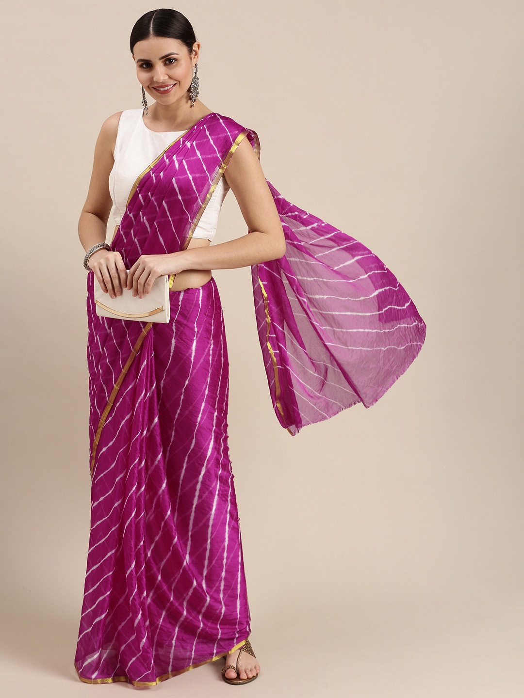 

Pavechas Pink & White Zari Leheriya Saree