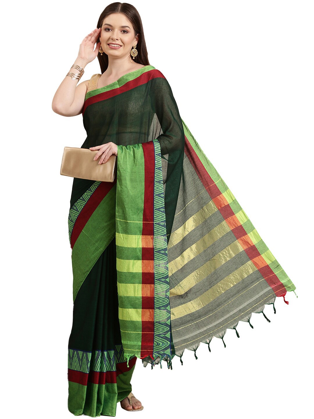 

Pavechas Green & Red Zari Pure Cotton Narayan Peth Saree