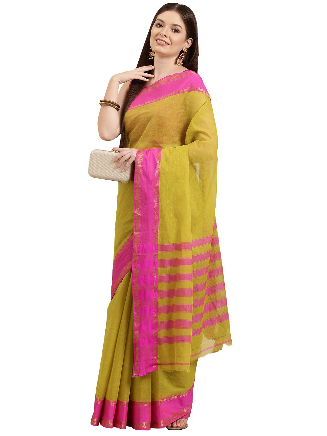 

Pavechas Green & Pink Zari Pure Cotton Narayan Peth Saree