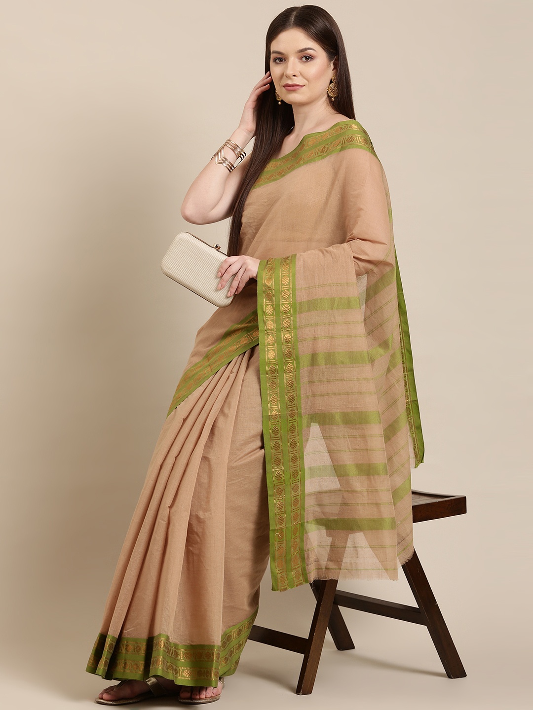 

Pavechas Beige & Green Zari Pure Cotton Narayan Peth Saree