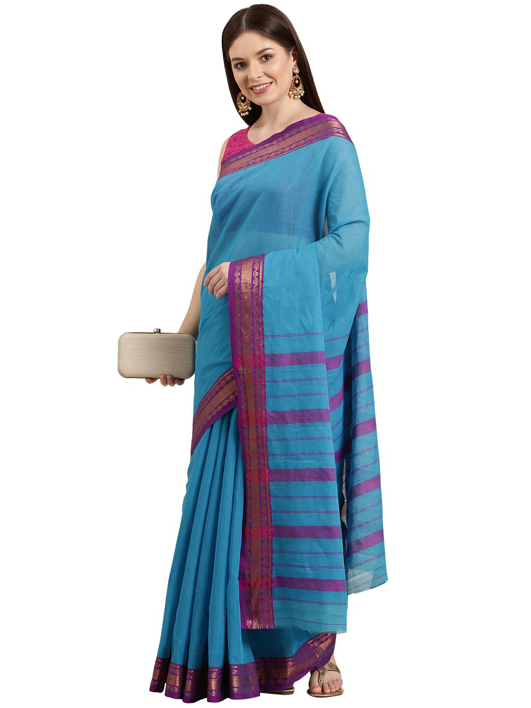 

Pavechas Blue & Purple Pure Cotton Narayan Peth Saree