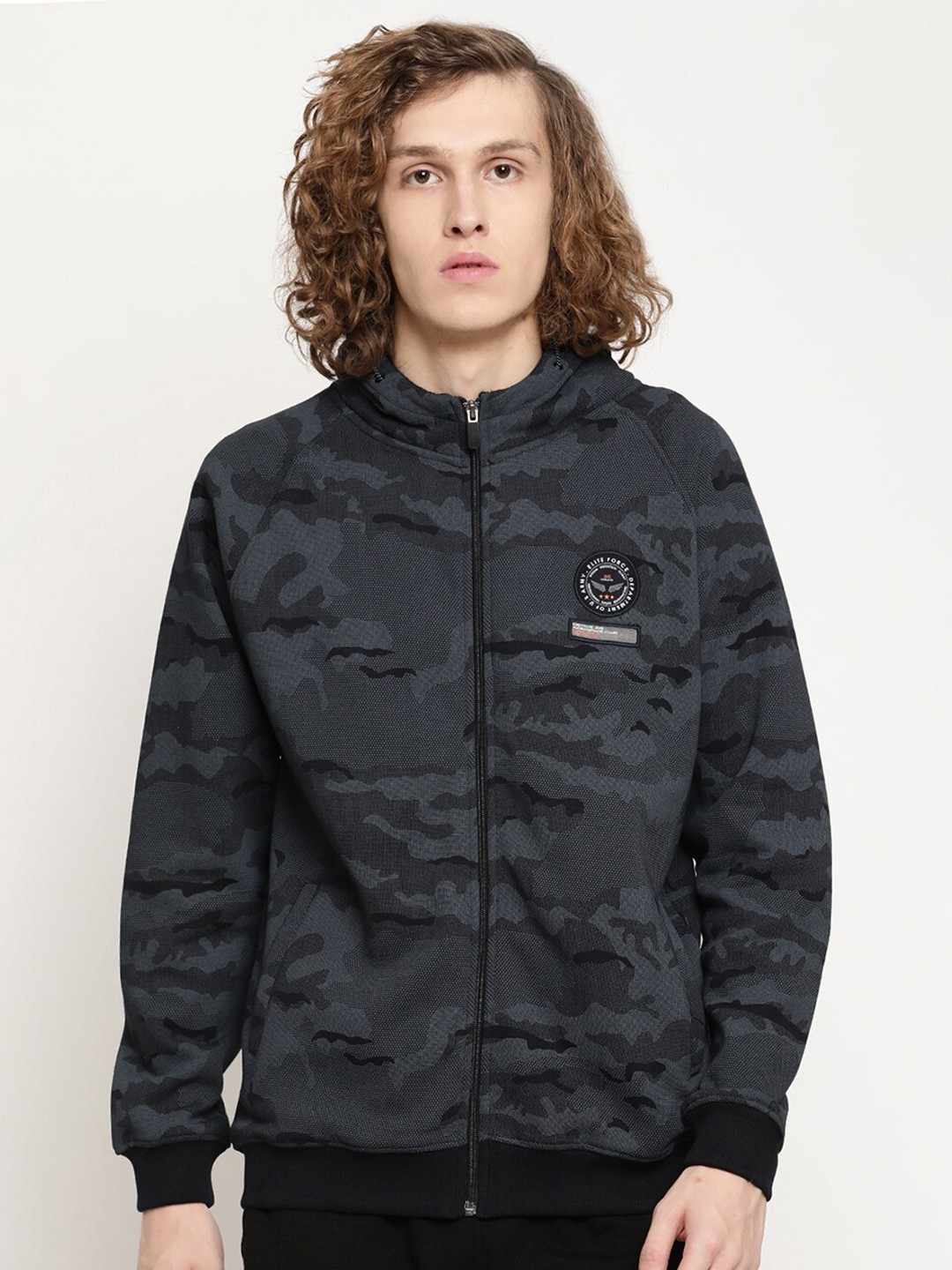 

Octave Men Navy Blue Printed Hooded Mock Collar Sweatshirt
