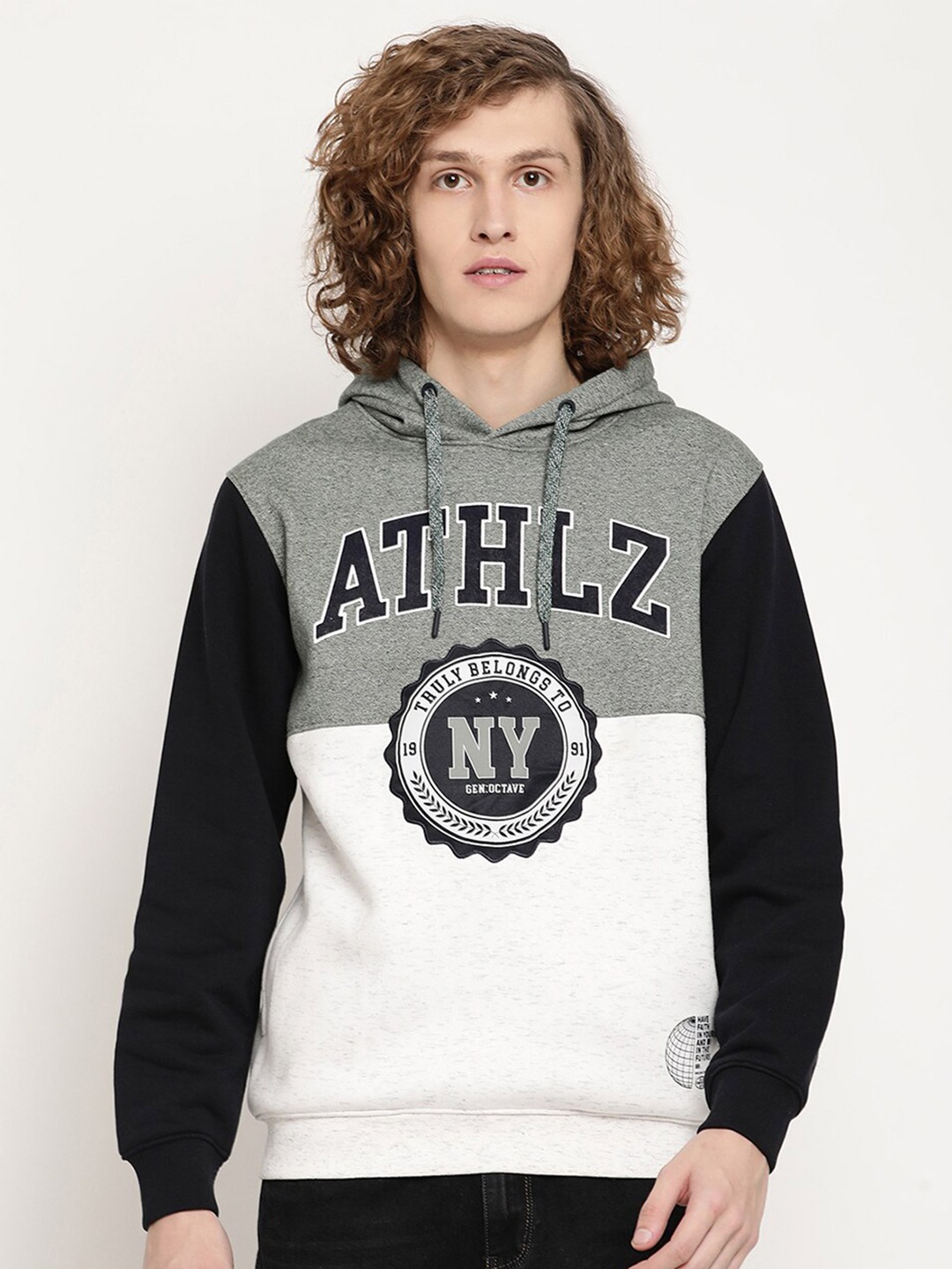 

Octave Men Olive Green Colourblocked Hooded Sweatshirt