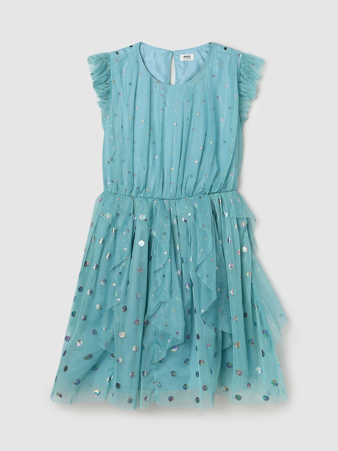 

max Round Neck Flared Dress, Blue