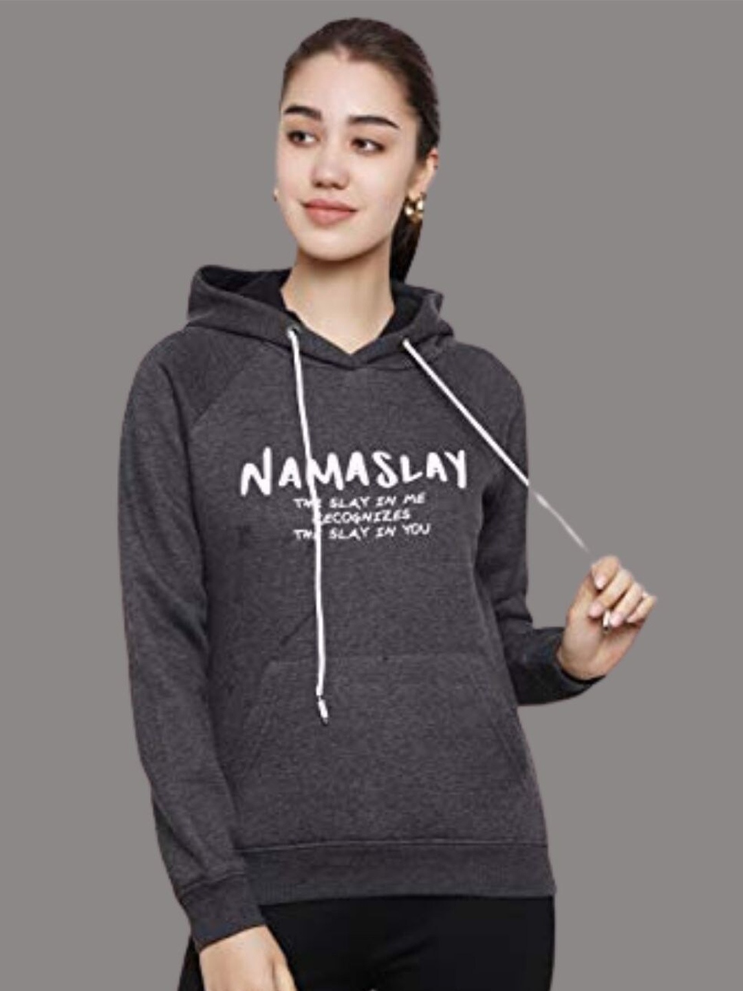 

DECHEN Women Grey Printed Fleece Hooded Sweatshirt