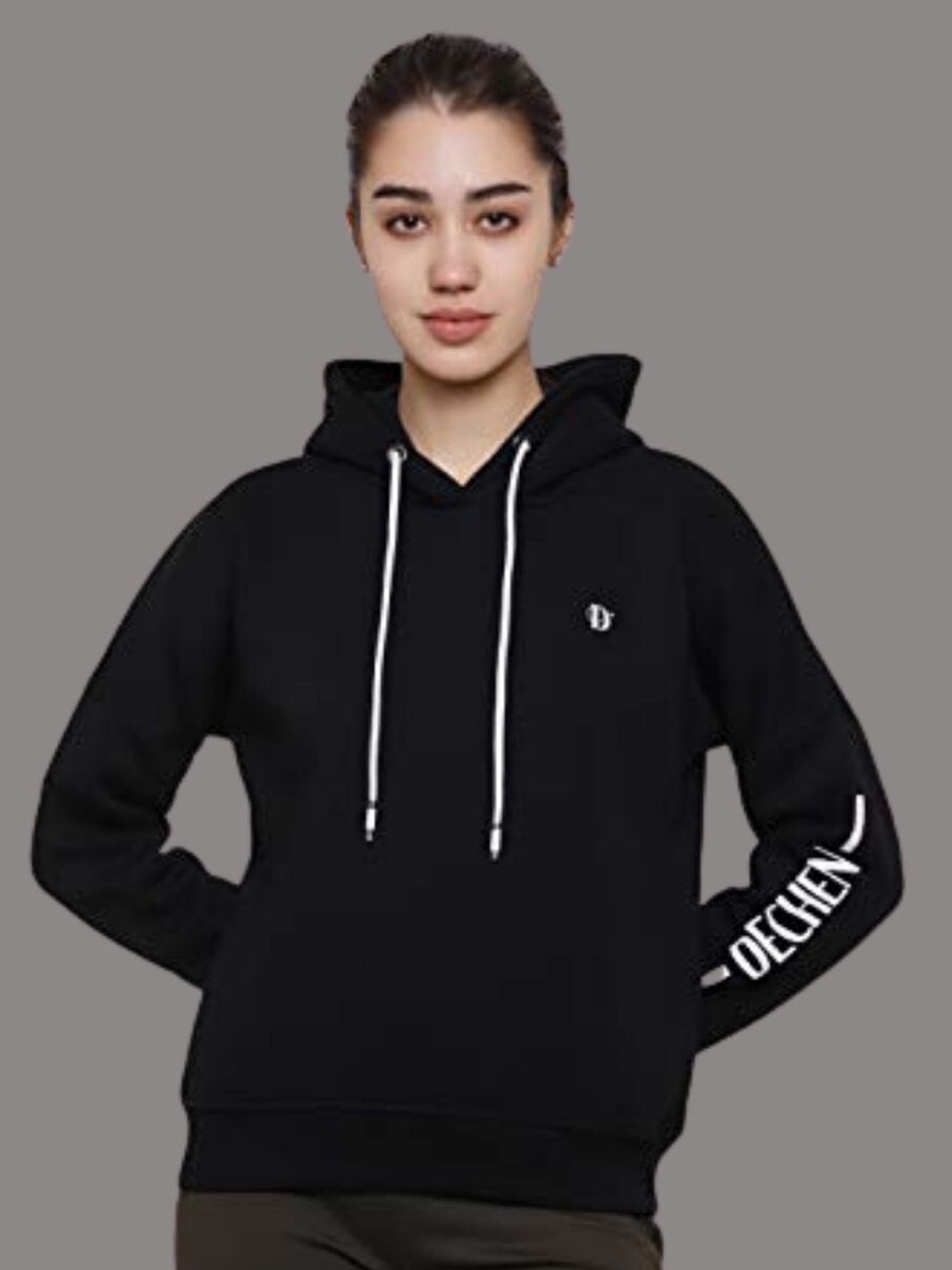 

DECHEN Women Black Printed Fleece Hooded Sweatshirt