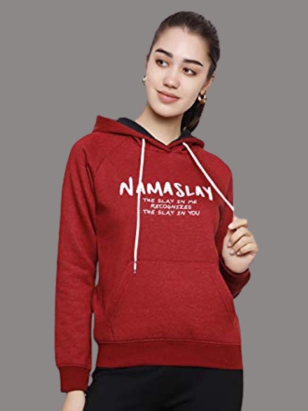 

DECHEN Women Maroon Printed Fleece Hooded Sweatshirt