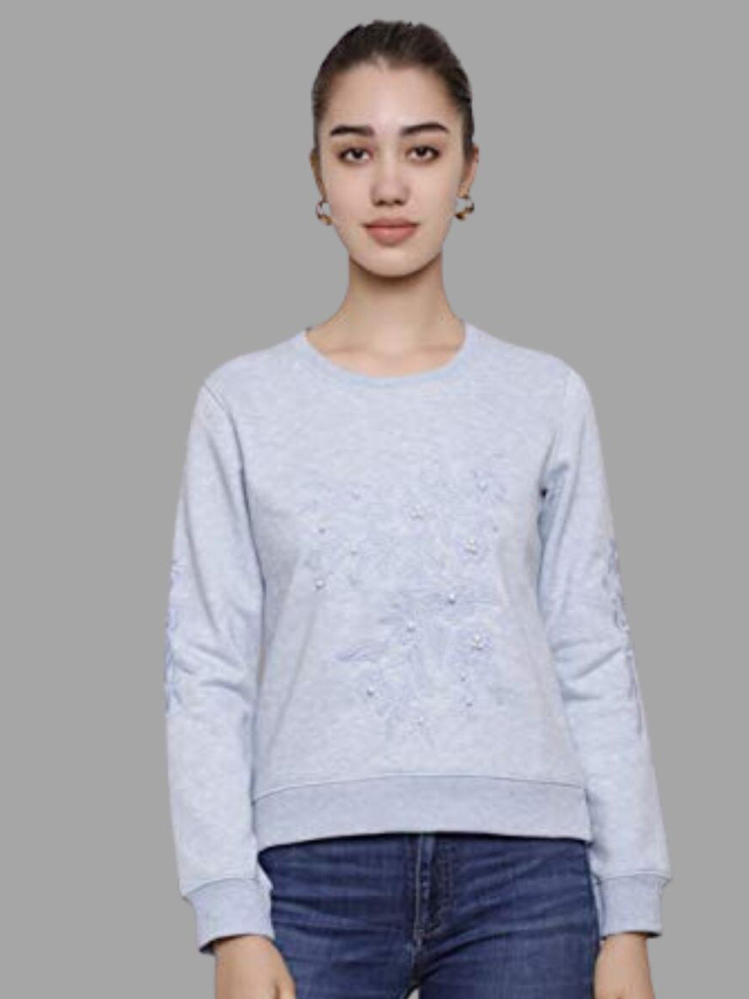 

DECHEN Women Blue Printed Fleece Sweatshirt
