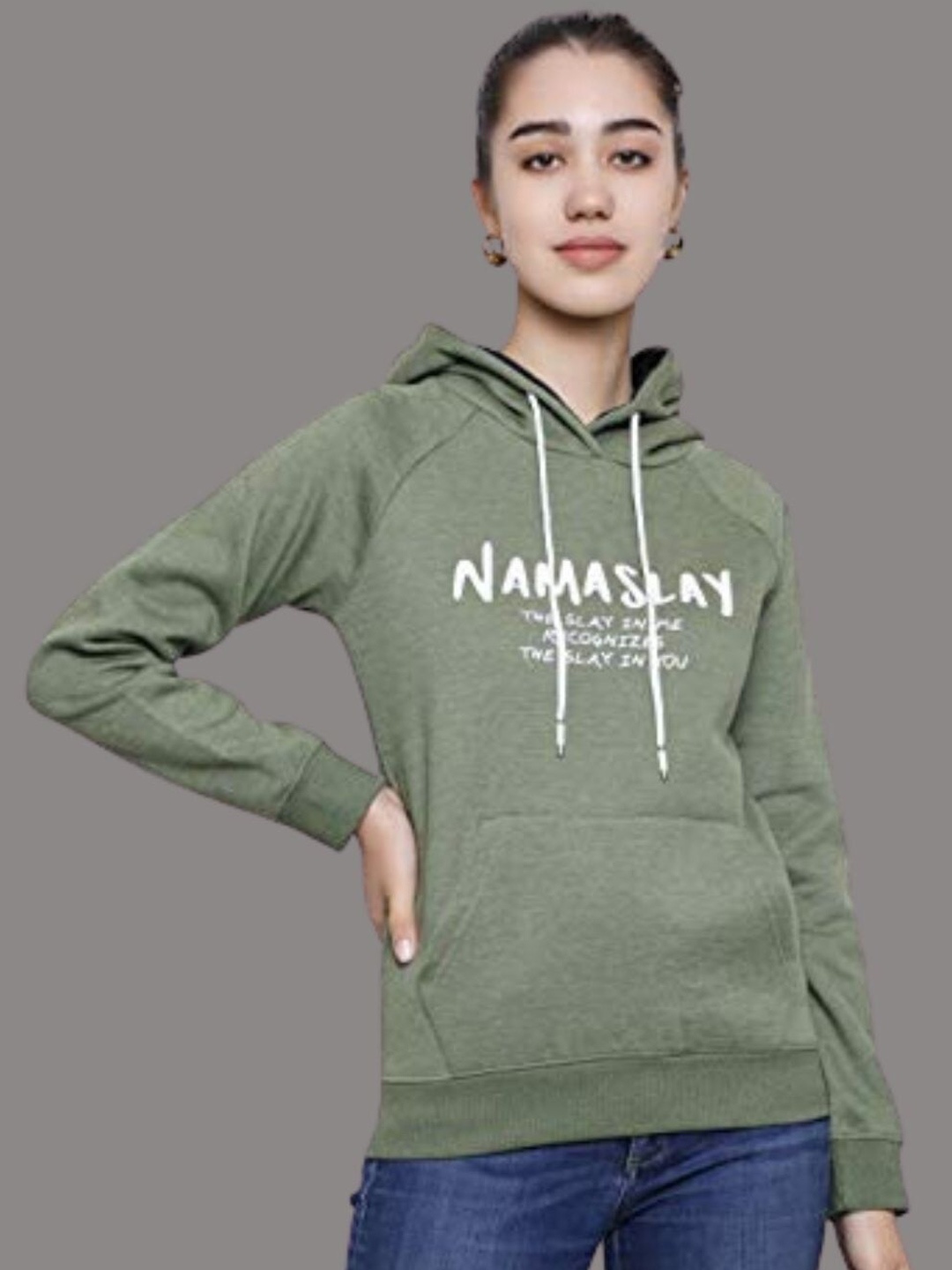 

DECHEN Women Green Printed Fleece Hooded Sweatshirt