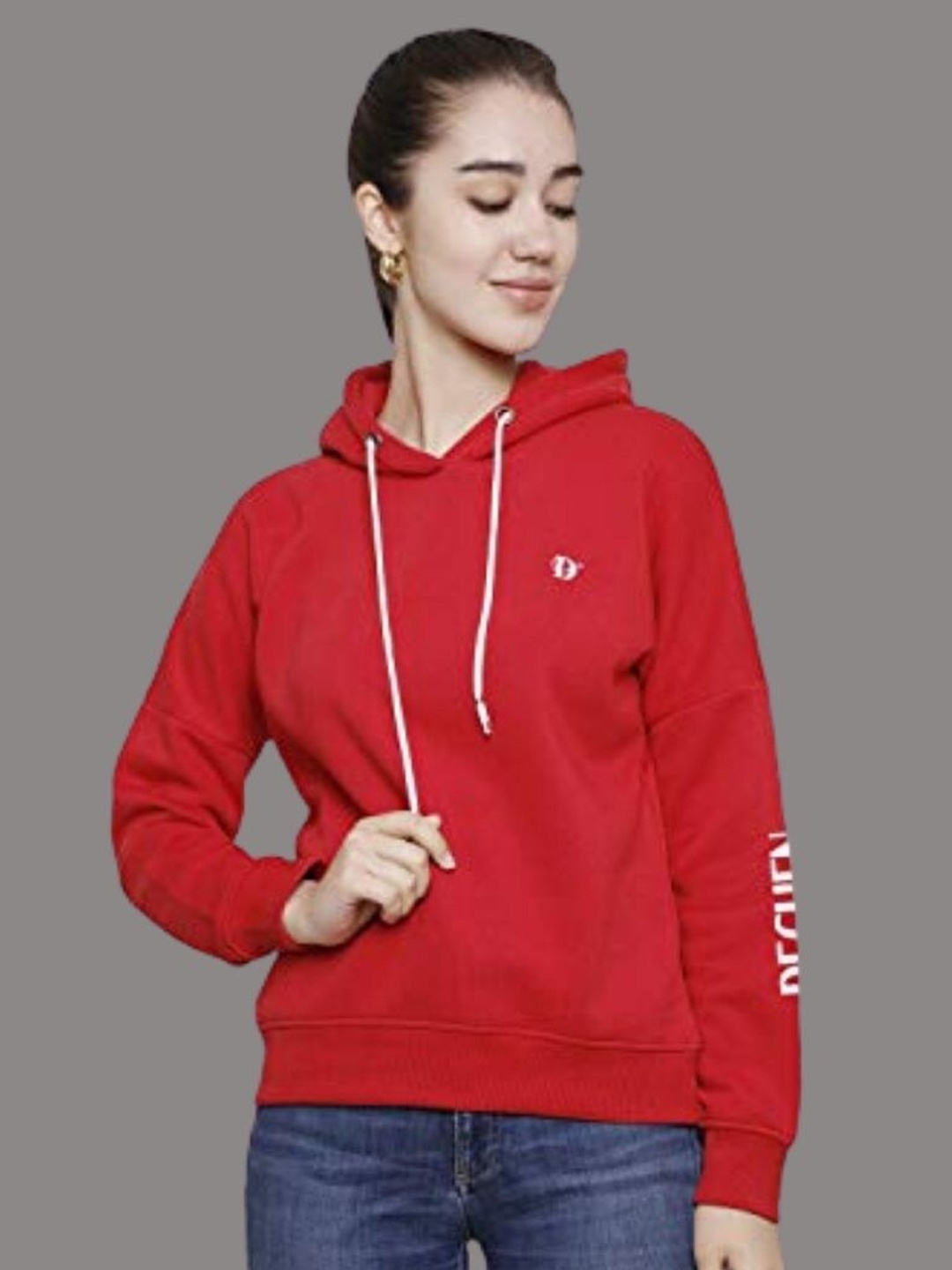 

DECHEN Women Red Printed Fleece Hooded Sweatshirt