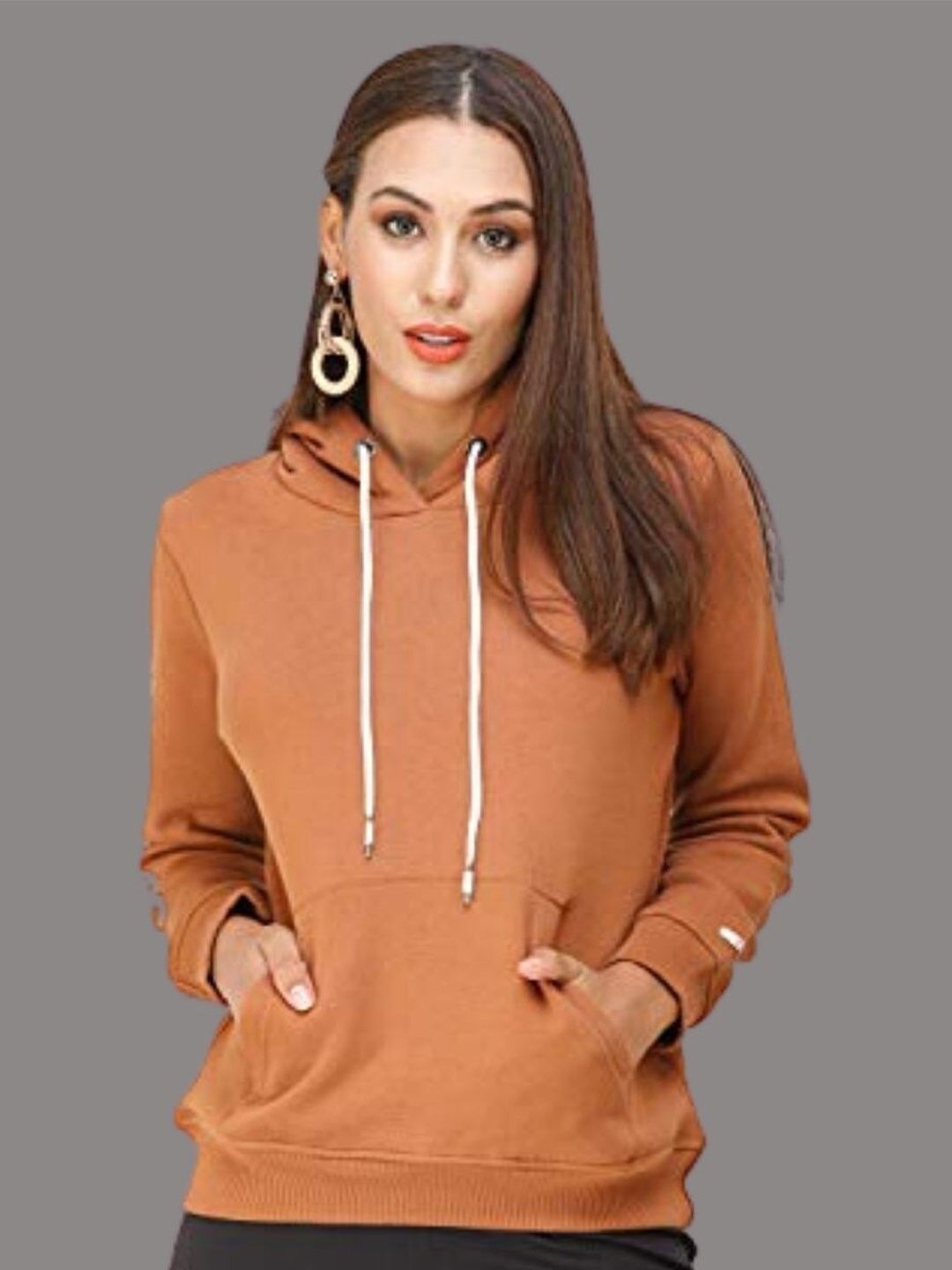 

DECHEN Women Brown Fleece Hooded Sweatshirt