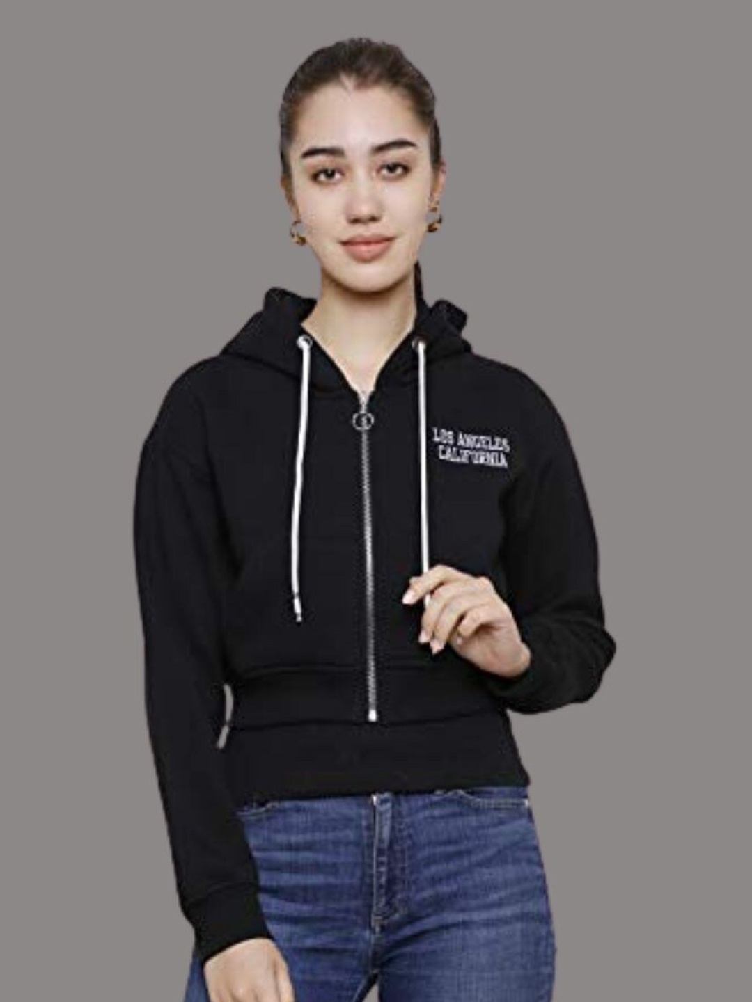 

DECHEN Women Black Printed Fleece Hooded Sweatshirt