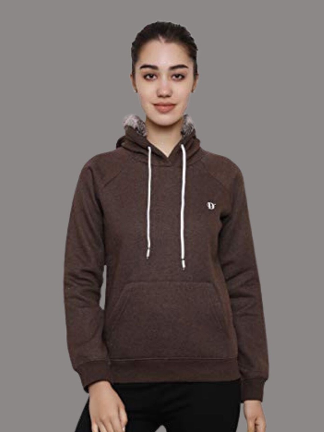 

DECHEN Women Brown FleeceHooded Sweatshirt
