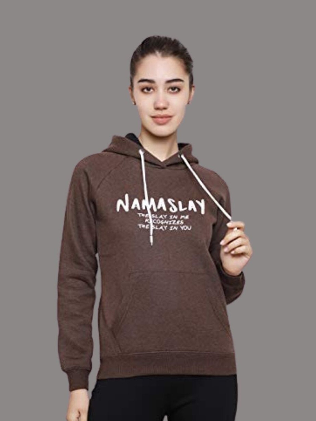 

DECHEN Women Brown Printed Hooded Sweatshirt