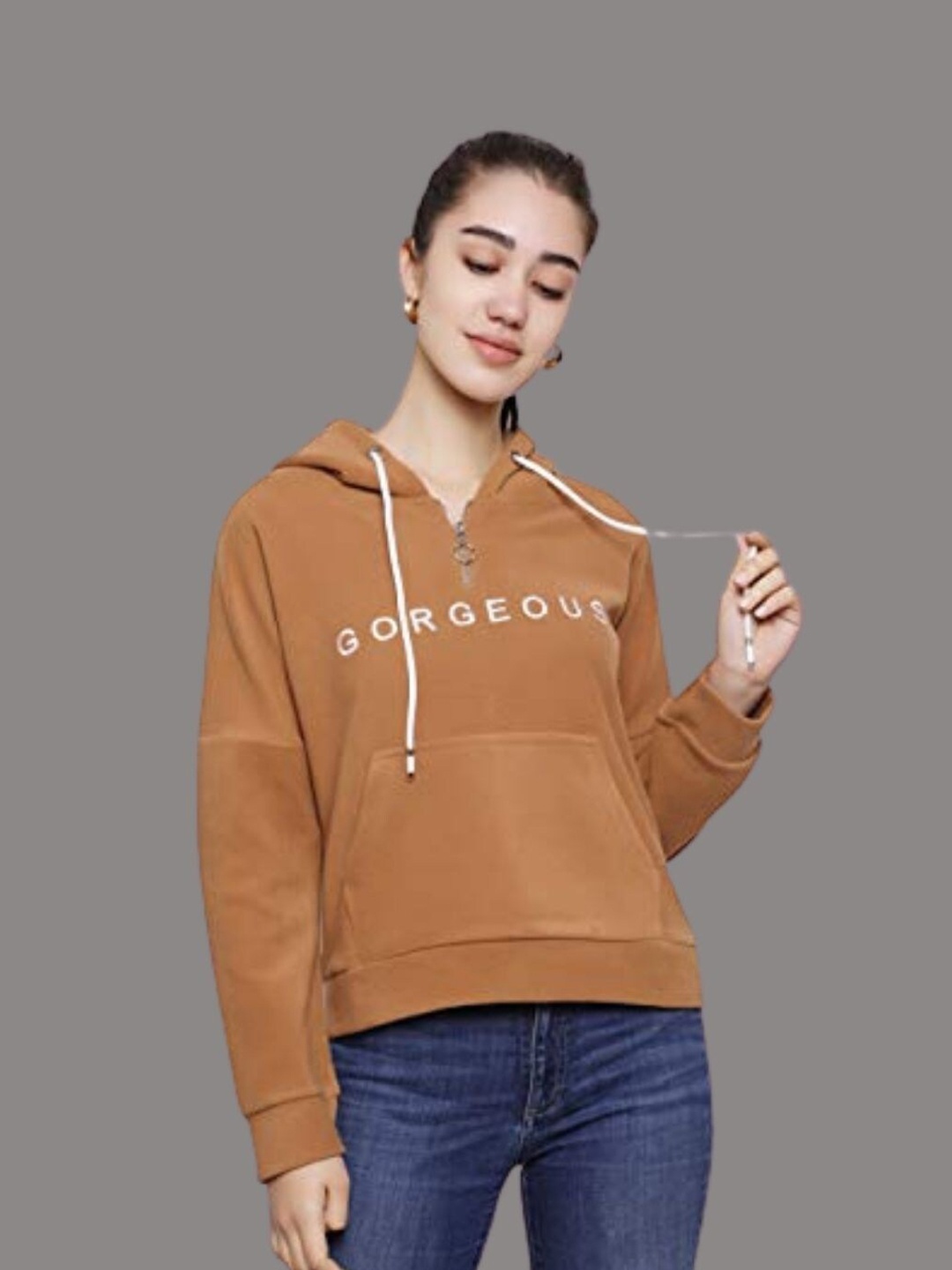 

DECHEN Women Tan Printed Fleece Hooded Sweatshirt