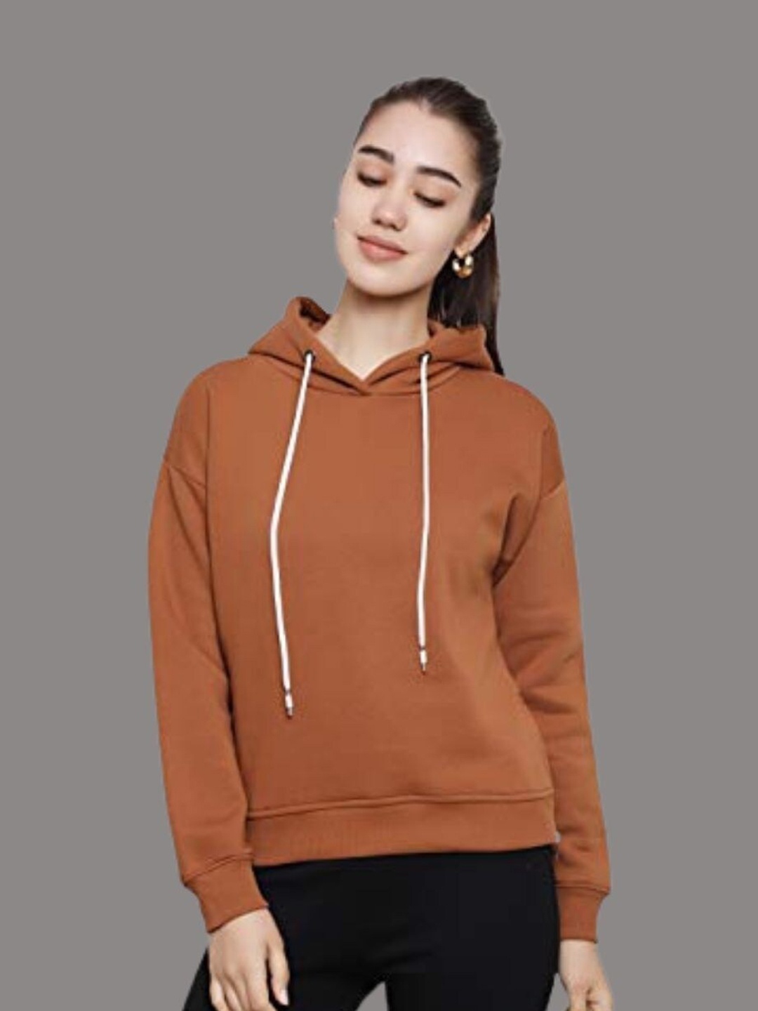 

DECHEN Women Brown Fleece Hooded Sweatshirt