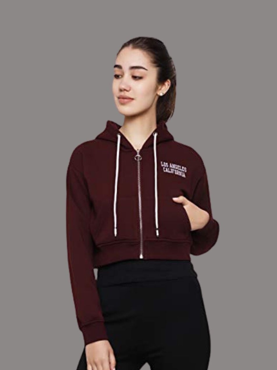 

DECHEN Women Maroon Hooded Fleece Sweatshirt