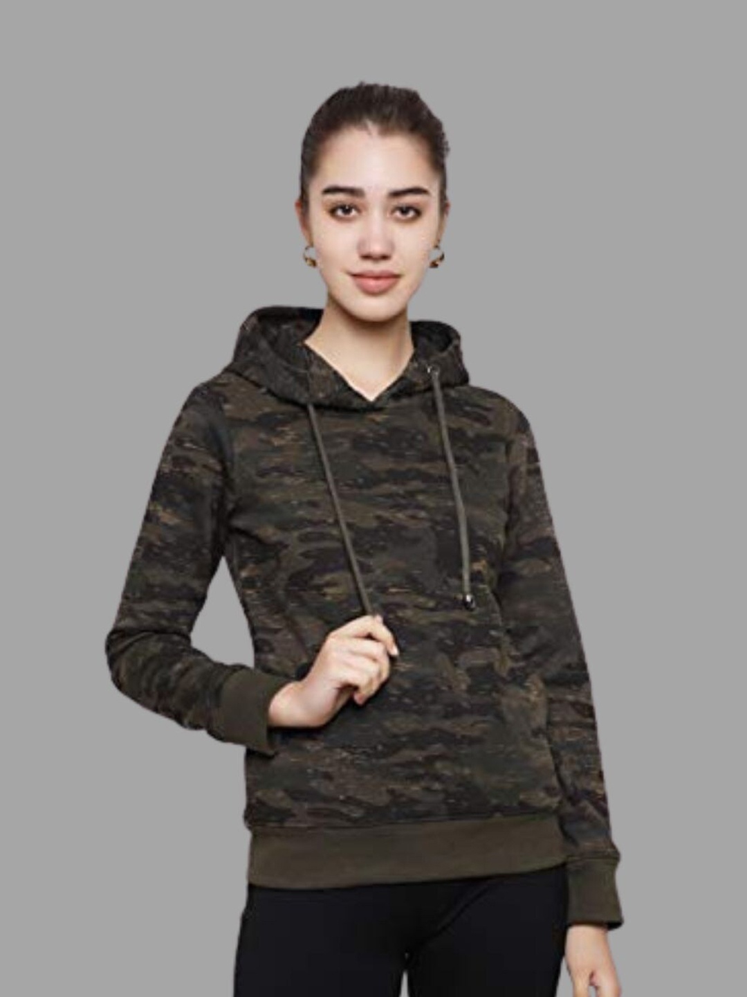 

DECHEN Women Olive Green Printed Fleece Hooded Sweatshirt