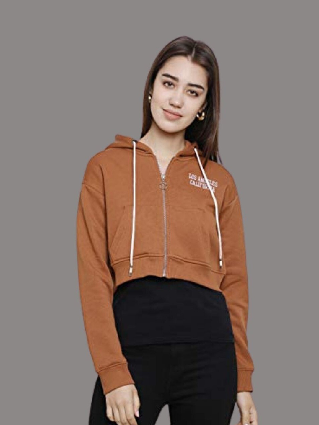 

DECHEN Women Brown Fleece Hooded Sweatshirt