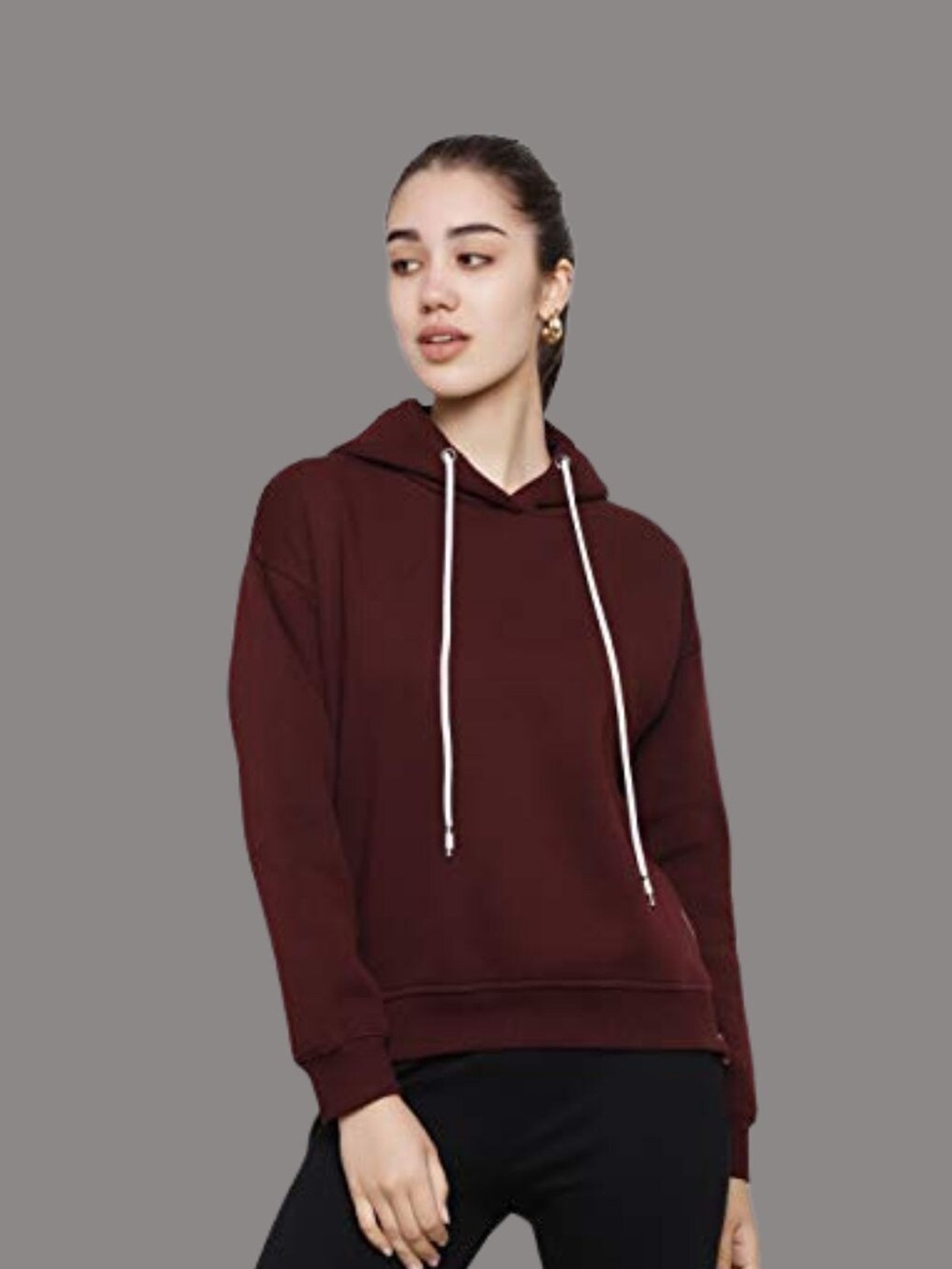 

DECHEN Women Maroon Fleece Hooded Sweatshirt