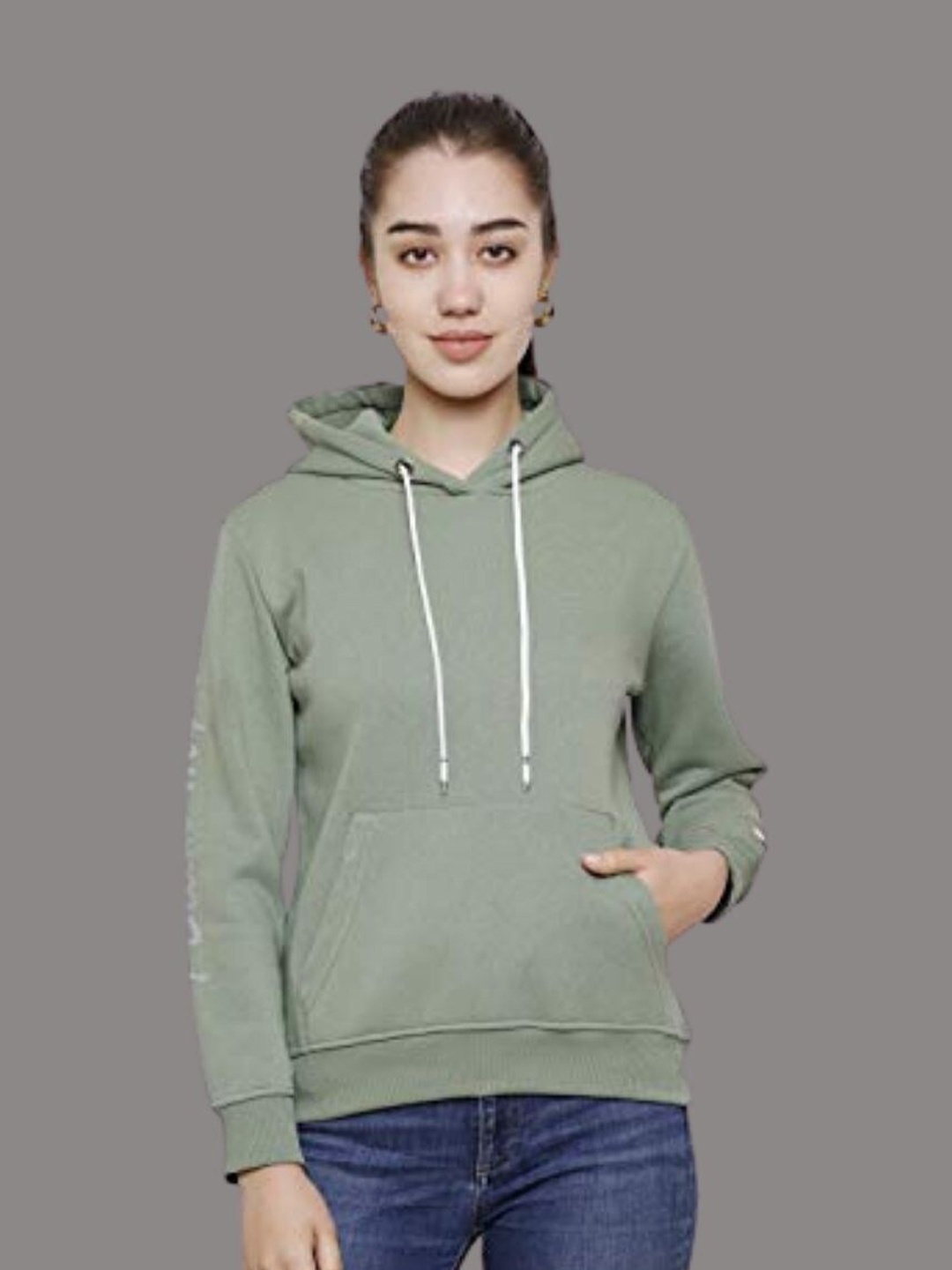 

DECHEN Women Green Hooded Fleece Sweatshirt