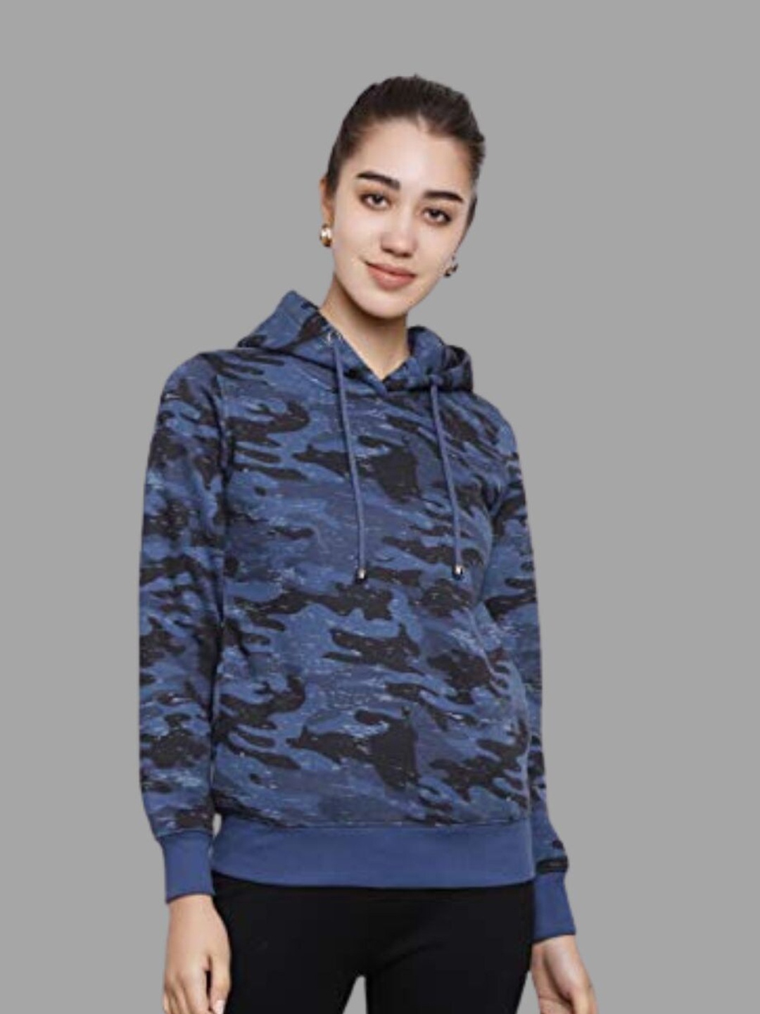 

DECHEN Women Navy Blue Printed Hooded Fleece Sweatshirt