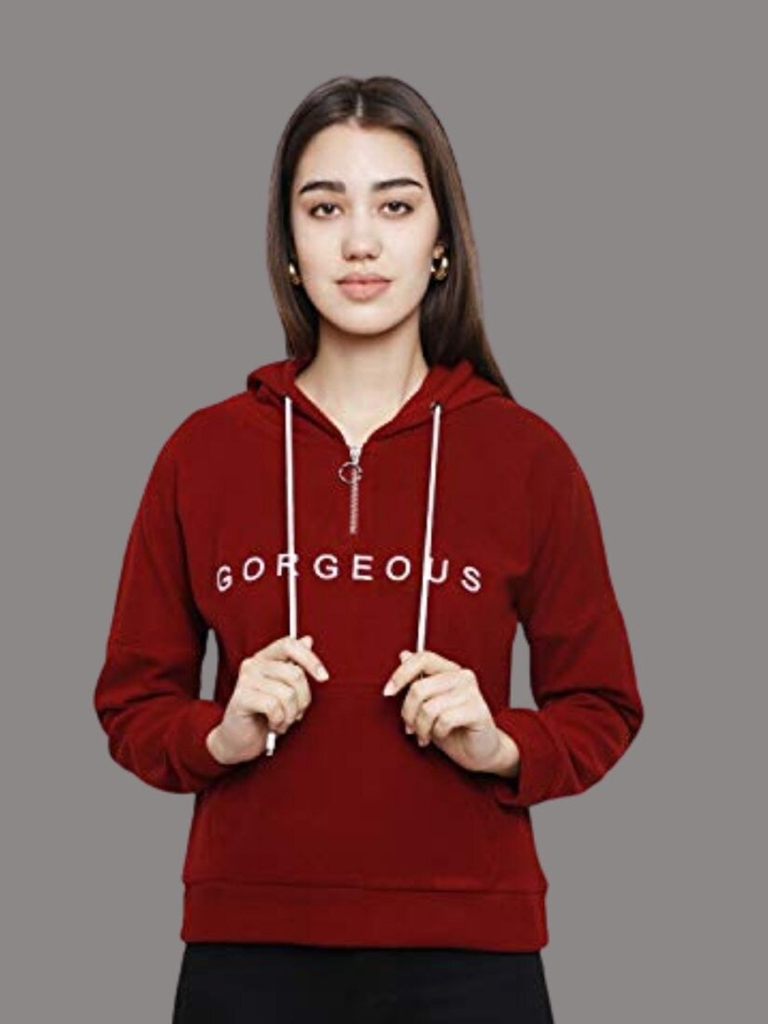 

DECHEN Women Maroon Printed Hooded Fleece Sweatshirt