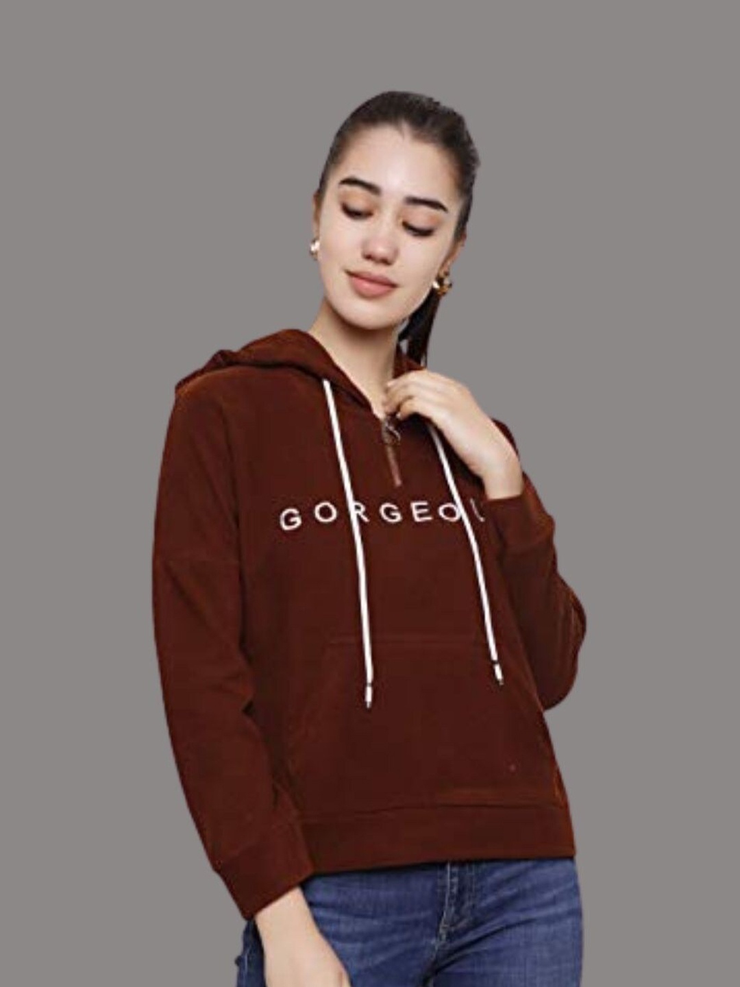 

DECHEN Women Brown Printed Hooded Fleece Sweatshirt