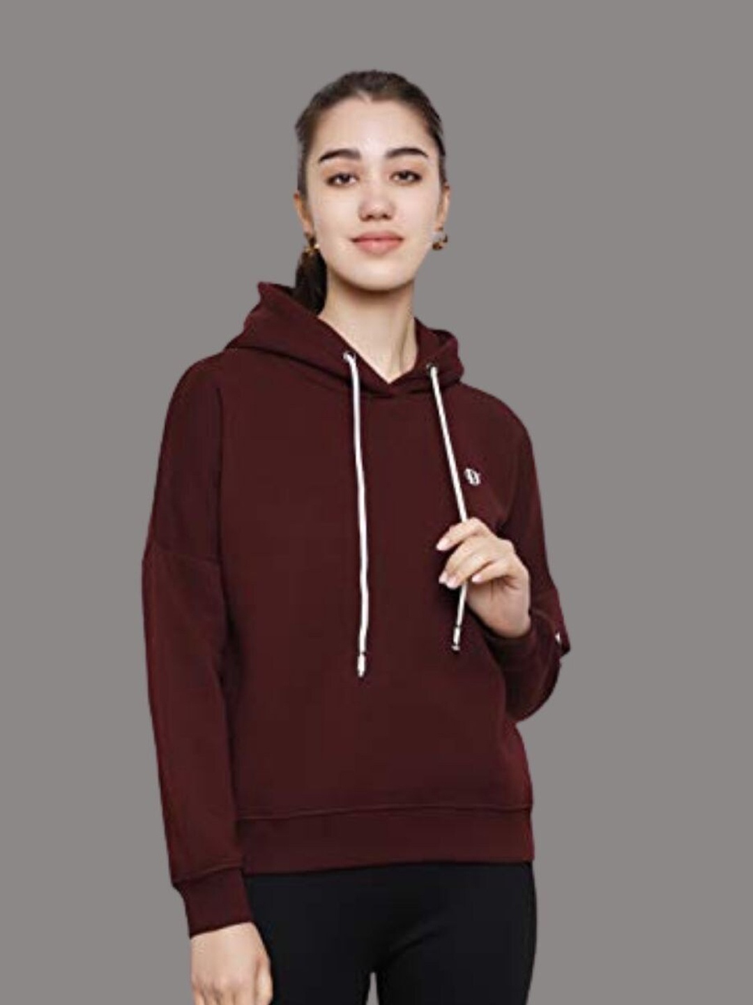 

DECHEN Women Maroon Hooded Fleece Sweatshirt