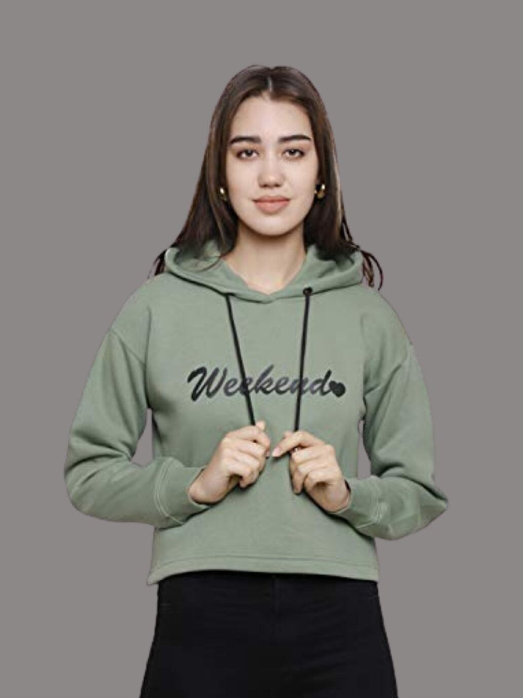 

DECHEN Women Green Printed Hooded Fleece Sweatshirt