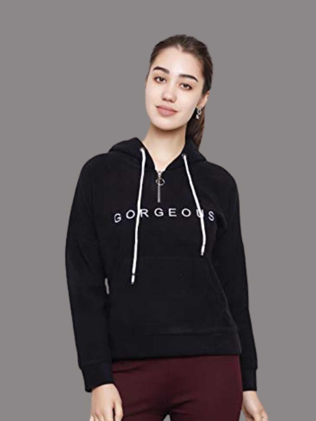 

DECHEN Women Black Printed Hooded Fleece Sweatshirt