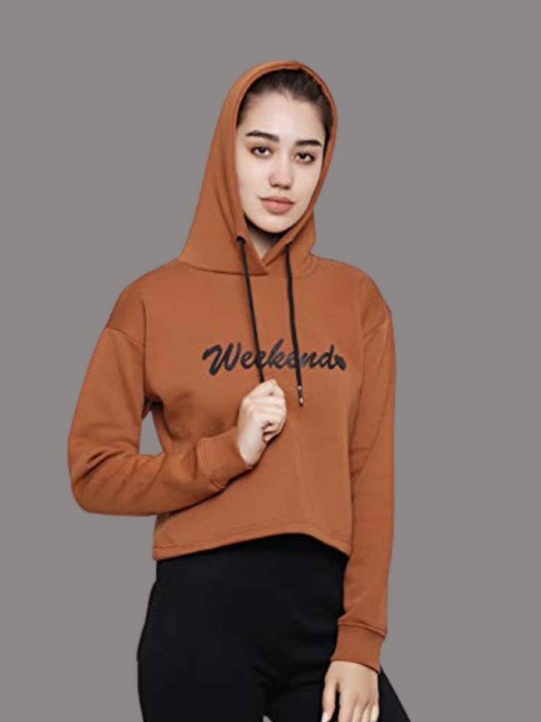 

DECHEN Women Brown Printed Hooded Fleece Sweatshirt